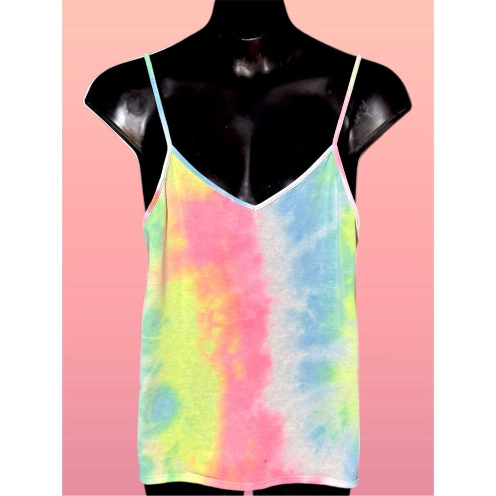 BiBi Pink Multi Tie Dye Cami Tank Top V-Neck Spaghetti Strap Summer Casual Top - Picture 8 of 8